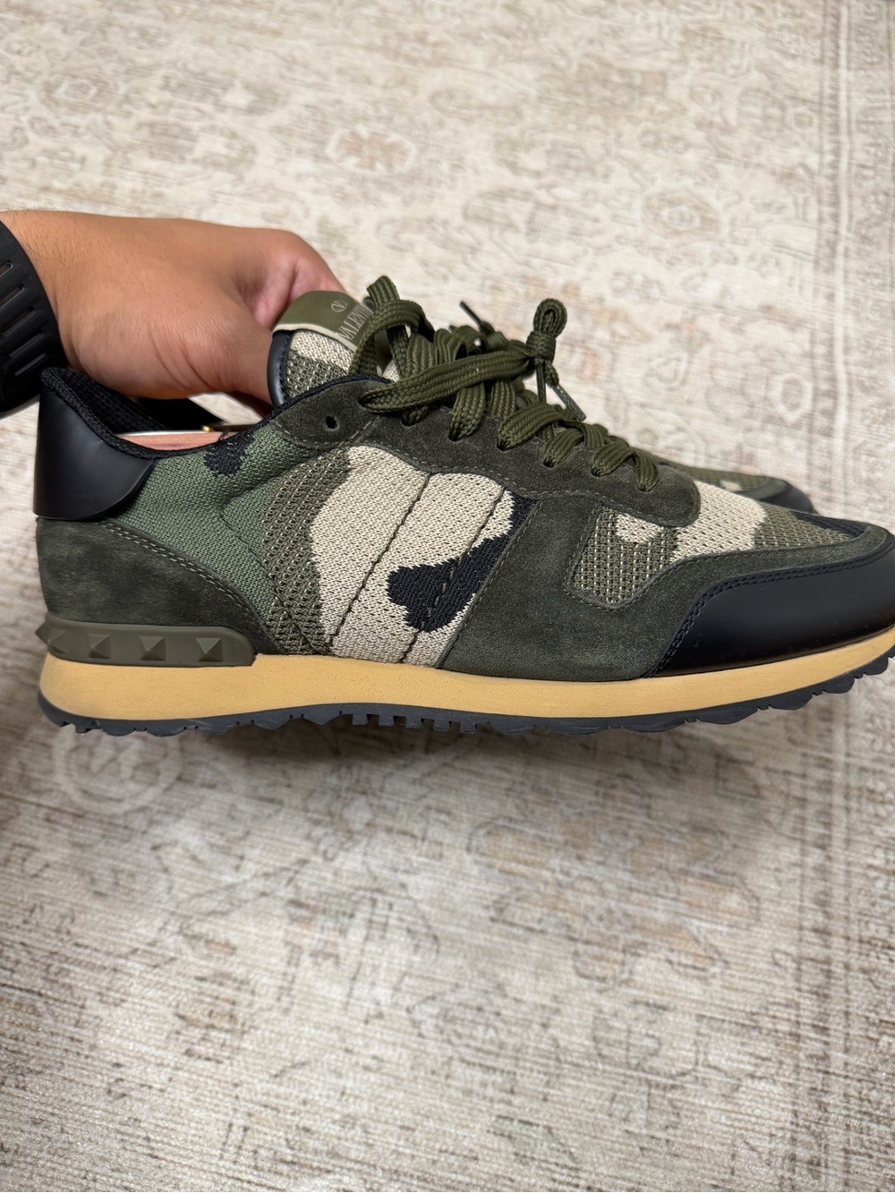 Valentino Garavani Olive Green Camo Suede Knit Sneakers